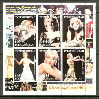 Turkmenistan 1999 Marilyn Monroe perf sheetlet containing set of 6 values unmounted mint, stamps on films    entertainments      marilyn monroe    cinema    