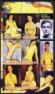 Chad 2003 Nudes in Art by Amedeo Modigliani perf sheetlet containing 6 values unmounted mint, stamps on arts, stamps on nudes, stamps on modigliani