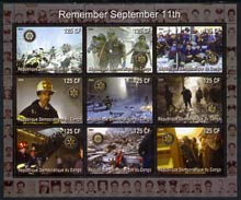 Congo 2003 Fire Engines of New York - Remembering September 11th perf sheetlet containing 9 values each with Rotary Logo, unmounted mint, stamps on fire, stamps on rotary