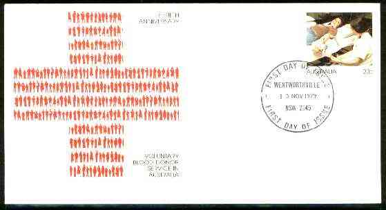 Australia 1979 50th Anniversary of Blood Donor Service 20c postal stationery envelope with Special first day cancellation, stamps on blood, stamps on medical, stamps on red cross, stamps on blood