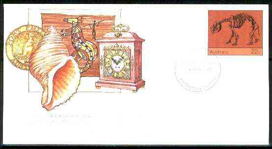 Australia 1980 International Museum Day 22c postal stationery envelope with first day cancellation, stamps on dinosaurs, stamps on shells, stamps on clocks, stamps on museums