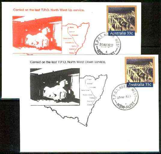 Australia 1985 Willandra Lakes Region 33c postal stationery envelope - set of 2 carried on last TPO North West Service (Special black cachet on down & red cachet on up), stamps on railways