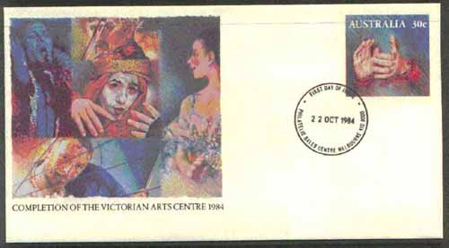 Australia 1984 Completion of Victorian Arts Centre 30c postal stationery envelope with first day cancellation, stamps on theatre     entertainments