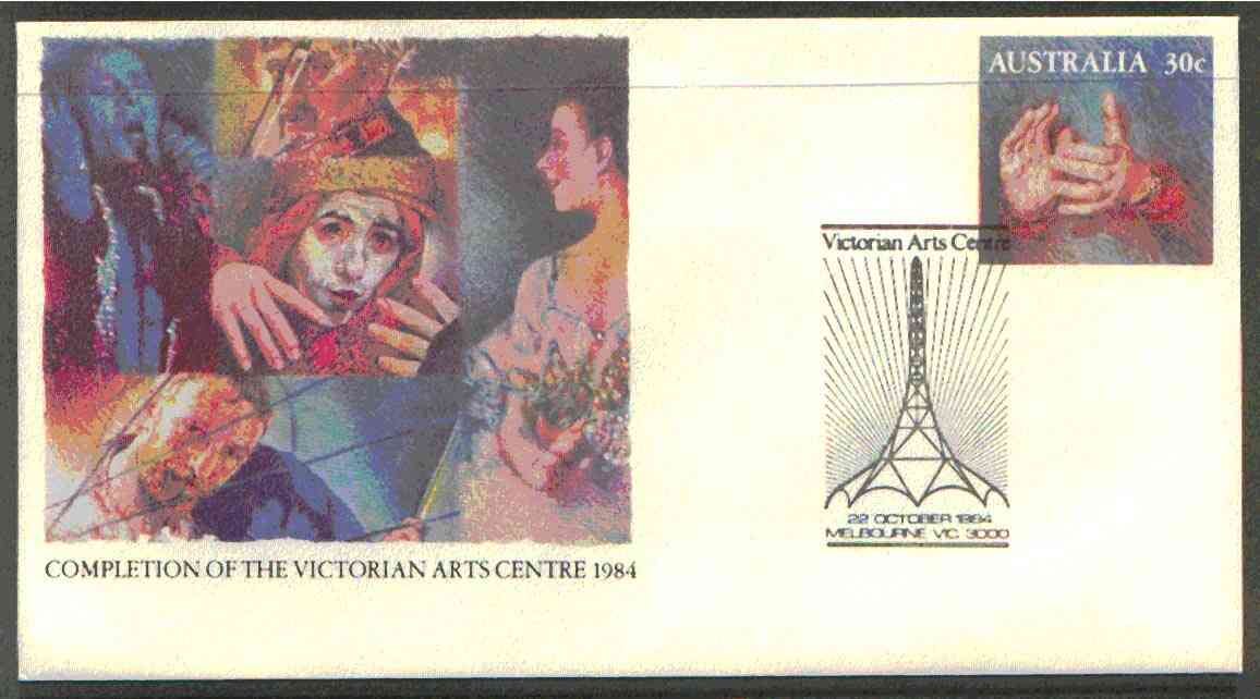 Australia 1984 Completion of Victorian Arts Centre 30c postal stationery envelope with special illustrated first day cancellation, stamps on theatre     entertainments