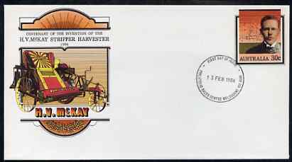 Australia 1984 Centenary of McKay's Invention of the Stripper Harvester 30c postal stationery envelope with first day cancellation, stamps on farming    agriculture      inventors