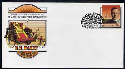 Australia 1984 Centenary of McKays Invention of the Stripper Harvester 30c postal stationery envelope with special illustrated Harvester first day cancellation, stamps on farming    agriculture      inventors