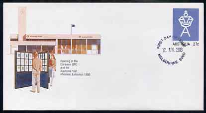 Australia 1983 Canberra PO & Stamp Exhibition 27c postal stationery envelope with first day cancellation, stamps on postal, stamps on stamp exhibitions