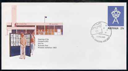 Australia 1983 Canberra PO & Stamp Exhibition 27c postal stationery envelope with special illustrated first day cancellation, stamps on , stamps on  stamps on postal, stamps on  stamps on stamp exhibitions