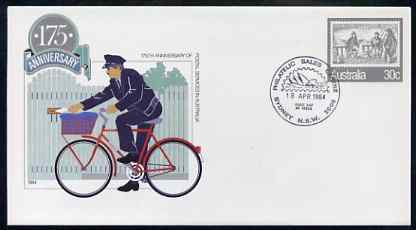 Australia 1984 175th Anniversary of Postal Services 30c postal stationery envelope (Postman on bicycle) with first day cancellation , stamps on postman, stamps on bicycles, stamps on stamp on stamp, stamps on stamponstamp
