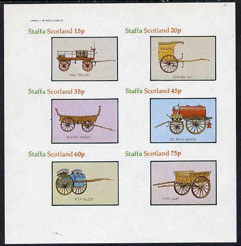 Staffa 1982 Horse Drawn Wagons (Coal Trolley, Oil Tank, Milk Float, etc) imperf set of 6 values (15p to 75p) unmounted mint, stamps on minerals, stamps on  oil , stamps on transport   food     drink    horse-drawn, stamps on horses