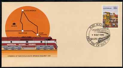 Australia 1980 Tarcoola-Alice Springs Railway 22c postal stationery envelope with special illustrated 'Port Augusta' first day cancellation, stamps on railways
