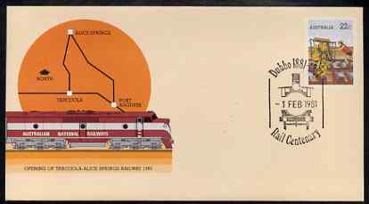 Australia 1980 Tarcoola-Alice Springs Railway 22c postal stationery envelope with special illustrated Dubbo Rail Centenary cancellation, stamps on railways