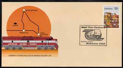 Australia 1980 Tarcoola-Alice Springs Railway 22c postal stationery envelope with special illustrated Melbourne Underground Hand Over Ceremony cancellation, stamps on railways, stamps on underground