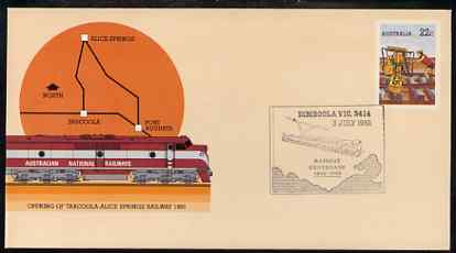 Australia 1980 Tarcoola-Alice Springs Railway 22c postal stationery envelope with special illustrated Dimboola Rail Centenary cancellation, stamps on railways