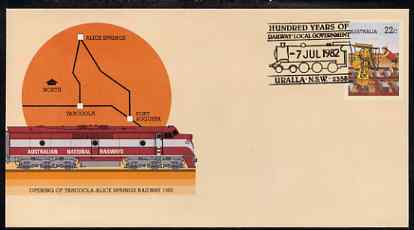 Australia 1980 Tarcoola-Alice Springs Railway 22c postal stationery envelope with special illustrated Railway Local Government Centenary cancellation, stamps on railways