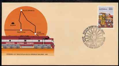 Australia 1980 Tarcoola-Alice Springs Railway 22c postal stationery envelope with special illustrated Historical Railway Society cancellation, stamps on railways
