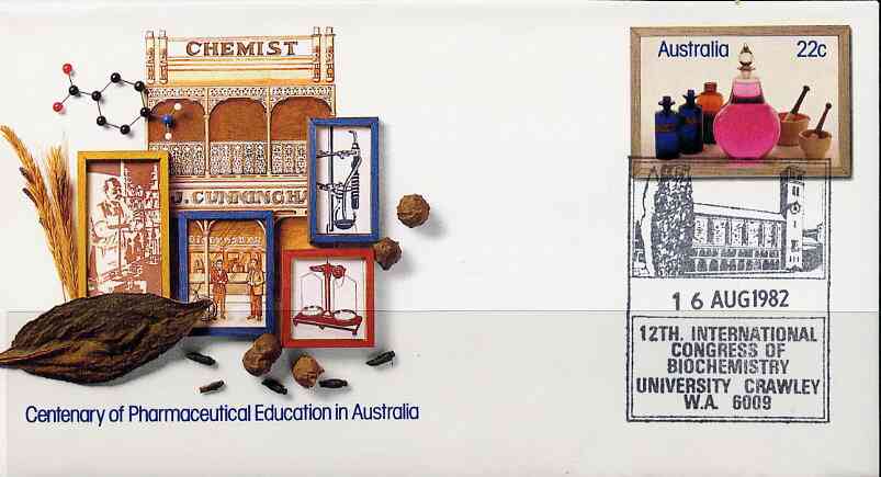 Australia 1981 Centenary of Pharmaceutical Education 22c postal stationery envelope with special illustrated Biochemistry Conference cancellation, stamps on medical     drugs