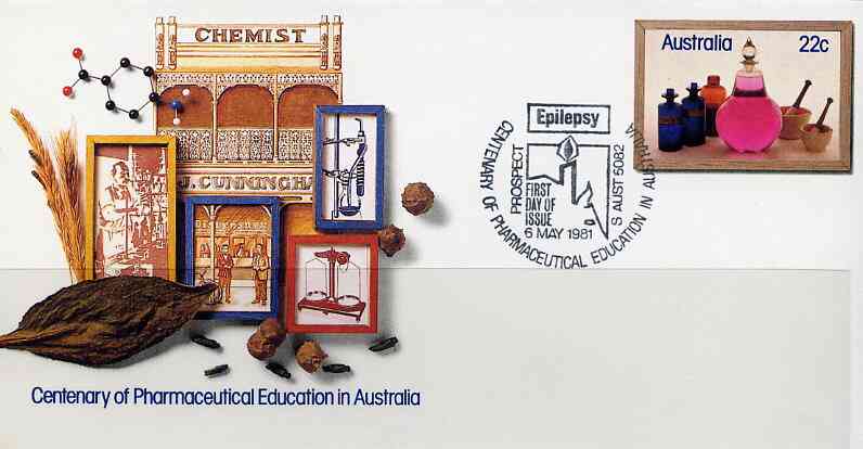 Australia 1981 Centenary of Pharmaceutical Education 22c postal stationery envelope with special illustrated Epilepsy cancellation, stamps on medical     drugs       diseases