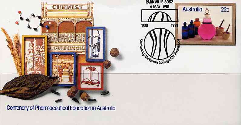 Australia 1981 Centenary of Pharmaceutical Education 22c postal stationery envelope with special illustrated Parkville College Centenary cancellation, stamps on medical     drugs