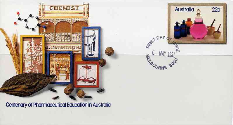Australia 1981 Centenary of Pharmaceutical Education 22c postal stationery envelope with first day cancellation, stamps on medical     drugs