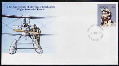 Australia 1981 50th Anniversary of Sir Francis Chichesters Flight Across the Tasman 22c postal stationery envelope with first day cancellation, stamps on aviation     gypsy-moth
