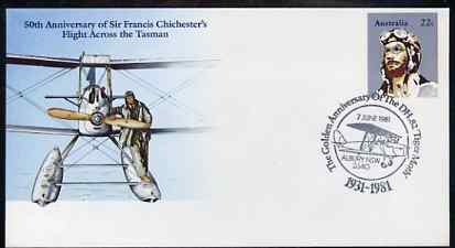 Australia 1981 50th Anniversary of Sir Francis Chichesters Flight Across the Tasman 22c postal stationery envelope with special illustrated DH Tiger Moth Anniversary canc..., stamps on aviation     gypsy-moth     dh