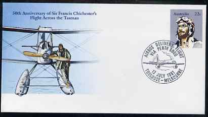 Australia 1981 50th Anniversary of Sir Francis Chichester's Flight Across the Tasman 22c postal stationery envelope with special illustrated Toulouse-Melbourne Airbus Flight cancellation, stamps on aviation     gypsy-moth