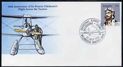 Australia 1981 50th Anniversary of Sir Francis Chichesters Flight Across the Tasman 22c postal stationery envelope with special illustrated Melbourne-Sydney Airbus Flight..., stamps on aviation     gypsy-moth