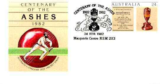 Australia 1982 Centenary of the Ashes 24c postal stationery envelope with special illustrated first day cancellation, stamps on cricket       sport