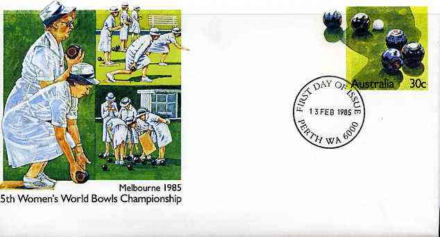 Australia 1985 5th women's World Bowls Championships 30c postal stationery envelope with first day cancellation, stamps on bowls     women       sport