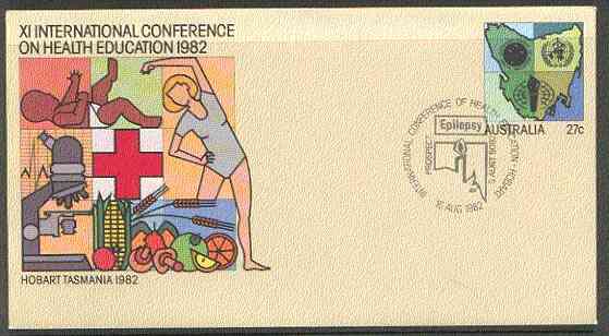 Australia 1982 International Conference on Health Education 27c postal stationery envelope with special illustrated 'Epilepsy' first day cancellation, stamps on health    medical      microscopes    fruit     maps        diseases , stamps on chemistry