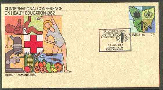 Australia 1982 International Conference on Health Education 27c postal stationery envelope with special illustrated Conference first day cancellation, stamps on health    medical      microscopes    fruit     maps, stamps on chemistry