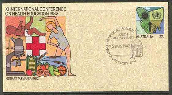 Australia 1982 International Conference on Health Education 27c postal stationery envelope with special illustrated 'St Vincents Hospital Anniversary' cancellation, stamps on health    medical      microscopes    fruit     maps, stamps on chemistry