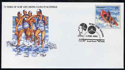 Australia 1981 Surf Life Saving Clubs Anniversary 22c postal stationery envelope with special illustrated 'Bondi Beach' first day cancellation, stamps on rescue     surfing