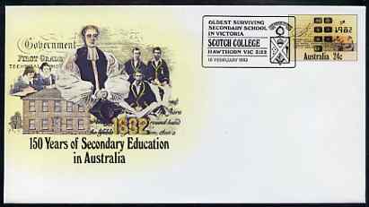 Australia 1982 150 years of Secondary Education 24c postal stationery envelope with special illustrated Scotch College first day cancellation, stamps on education      heraldry, stamps on arms