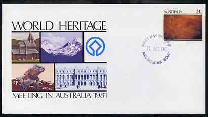 Australia 1981 World Heritage Meeting 24c postal stationery envelope with first day cancellation, stamps on heritage, stamps on culture, stamps on mountains