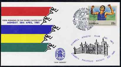 Australia 1981 100th Running of the Stawell Easter Gift 22c postal stationery envelope with special illustrated Stawell first day cancellation & Philatelic Society Cachet, stamps on sport     running