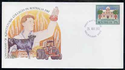 Australia 1983 Centenary of Agricultural Colleges 27c postal stationery envelope with first day cancellation, stamps on agriculture    farming     tractors    bovine    cattle