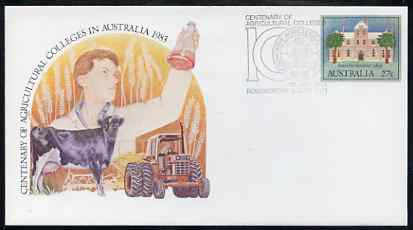Australia 1983 Centenary of Agricultural Colleges 27c postal stationery envelope with special illustrated first day cancellation, stamps on agriculture    farming     tractors    bovine    cattle
