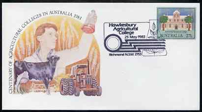 Australia 1983 Centenary of Agricultural Colleges 27c postal stationery envelope with special illustrated 'Hawkesbury' first day cancellation, stamps on agriculture    farming     tractors    bovine    cattle