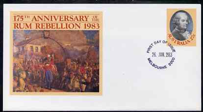 Australia 1983 175th Anniversary of the Rum Rebellion 27c postal stationery envelope with first day cancellation, stamps on rum, stamps on drink, stamps on alcohol, stamps on bligh, stamps on explorers, stamps on militaria