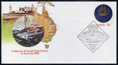 Australia 1984 Centenary of Coastal Pilot Service 30c postal stationery envelope with special illustrated first day cancellation, stamps on ships, stamps on navigation     