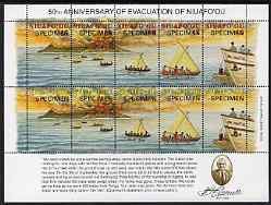 Tonga - Niuafo'ou 1996 50th Anniversary of Evacuation of Niuafo'ou, perf sheetlet containing 10 values each opt'd SPECIMEN unmounted mint, as SG 252a, stamps on volcanoes, stamps on ships, stamps on yachts