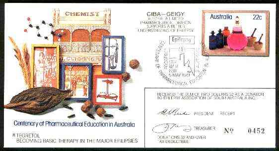 Australia 1981 Centenary of Pharmaceutical Education 22c postal stationery envelope with special illustrated Epilepsy cancellation with cachet used as donation receipt, stamps on medical, stamps on drugs, stamps on diseases
