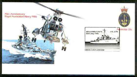 Australia 1986 Royal Australian Navy 75th Anniversary 33c postal stationery envelope with 'HMAS Castlemaine' illustrated first day cancel, stamps on , stamps on  stamps on militaria, stamps on ships, stamps on helicopters, stamps on anchors