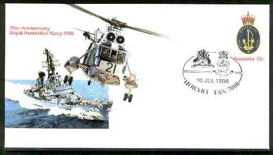 Australia 1986 Royal Australian Navy 75th Anniversary 33c postal stationery envelope with illustrated Hobart first day cancel, stamps on militaria, stamps on ships, stamps on helicopters, stamps on anchors