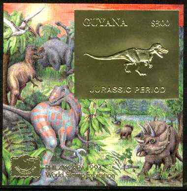 Guyana 1994 Jurassic Period #2 $300 gold foil on card m/sheet (plain edges) with Philakorea 94 logo & imprint from a limited numbered edition, stamps on dinosaurs, stamps on stamp exhibitions