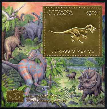 Guyana 1994 Jurassic Period #2 $300 gold foil on card m/sheet (saw-tooth edges) with Philakorea 94 logo & imprint from a limited numbered edition, stamps on , stamps on  stamps on dinosaurs, stamps on stamp exhibitions