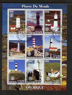 Benin 2003 Lighthouses of America perf sheetlet containing 9 values each with Rotary Logo fine cto used, stamps on lighthouses, stamps on rotary