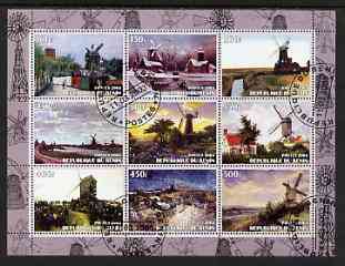 Benin 2003 Paintings of Windmills #02 perf sheetlet containing 9 values fine cto used, stamps on windmills, stamps on arts